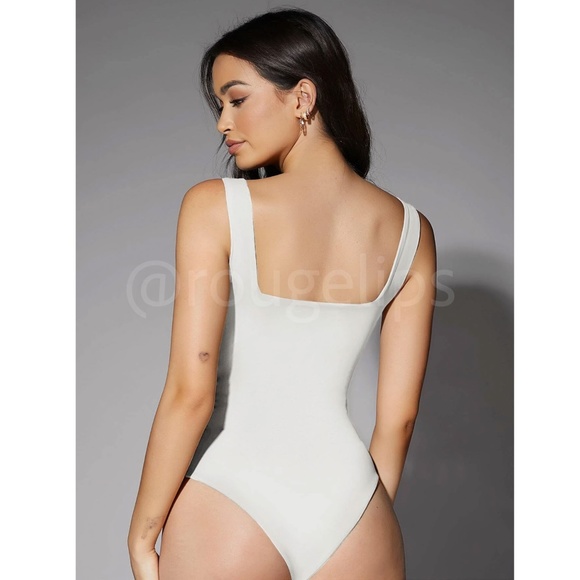 White Bodysuit Square Neck Slim Fit Stretchy - Picture 3 of 9
